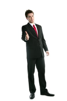 full length suit tie businessman friendly handshake isolated on white