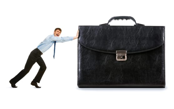 Image of strong businessman pushing his big business