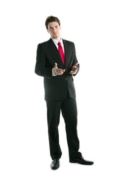 full length suit tie businessman talking hands gesture isolated on white