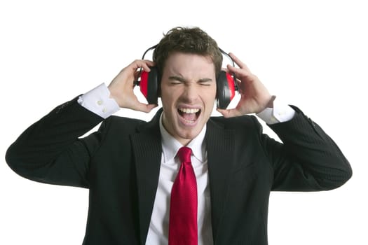 businessman headphones noise expression gesture isolated on white