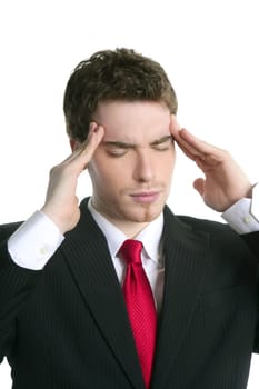 headache stress businessman hands on head white background