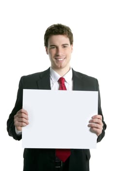 copyspace white paper in young handsome businessman smiling