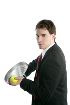 businessman tie suit holding paddle tennis racket and ball