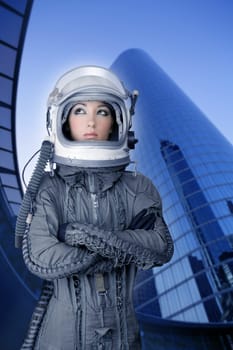 aircraft  astronaut spaceship helmet woman fashion mirror skyscraper blue buildings