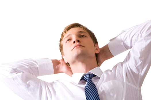 Photo of thoughtful businessman looking upwards with pensive expression