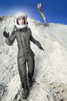 astronaut fashion womanaircraft crash space suit helmet moon landscape