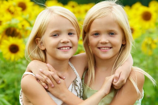 Portrait of cute twins embracing each other on background of sunflower field
