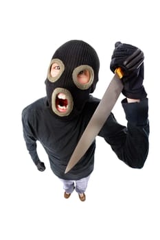 Fish-eye shot of a criminal in mask holding knife