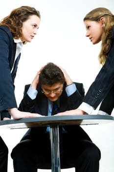 Image of business man fearing angry women