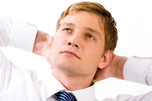 Photo of thoughtful businessman looking upwards with pensive expression
