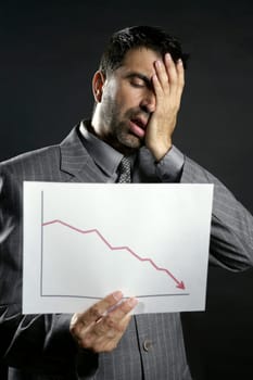 Businessman with bad sales reports chart. Crisis
