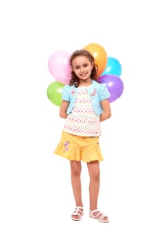 Portrait of smart girl with colorful balloons isolated on white background
