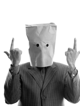 Businessman with paper bag in head