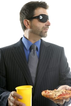 businessman eating junk fast food, studio white background