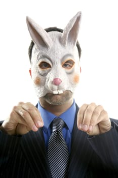 Businessman with funny rabbit mask over white studio background