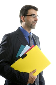 Businessman and color folders over white studio background, yellow