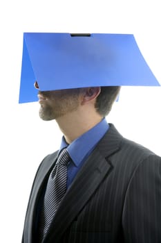 Businessman and blue folder over head, white studio background