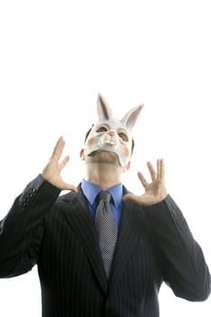 Businessman with funny rabbit mask over white studio background