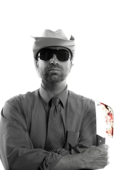 Pyschopath and Butcher knife businessman, hat. White studio background