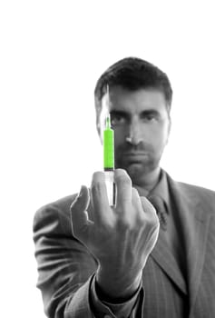 Businessman and syringe, finance metaphor, white background studio shot