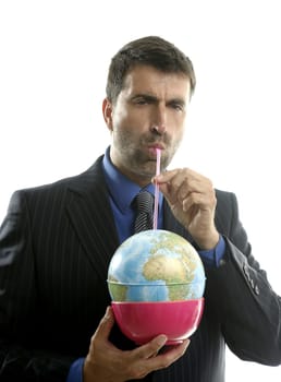 Businessman drinking the world, a power leader metaphor