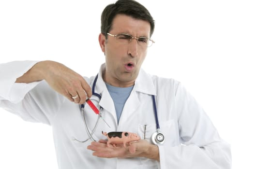 Male doctor holding swine flu vaccine syringe, metaphor