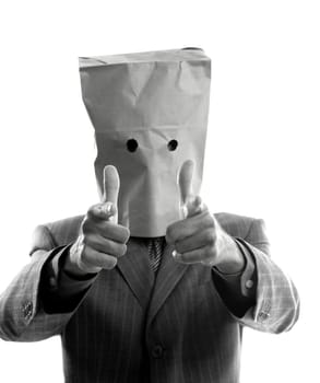 Businessman with paper bag in head