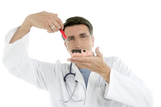 Male doctor holding swine flu vaccine syringe, metaphor