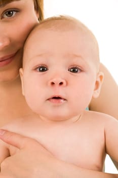 Image of pretty woman with her little baby on white background
