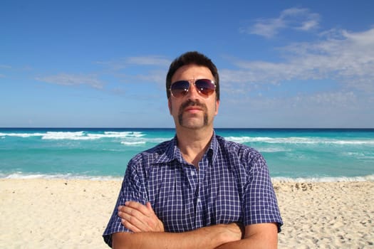 Nerd tourist mustache on caribbean beach mayan riviera