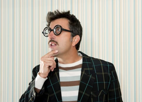 crazy nerd man myopic thinking gesture expression funny glasses man