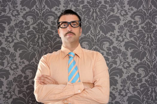 businessman nerd portrait with retro glasses over wallpaper background