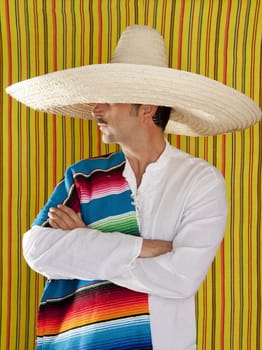 Mexican mustache man sombrero portrait shirt closeup holding serape