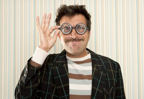 nerd silly crazy myopic glasses man funny gesture mustache tacky retro