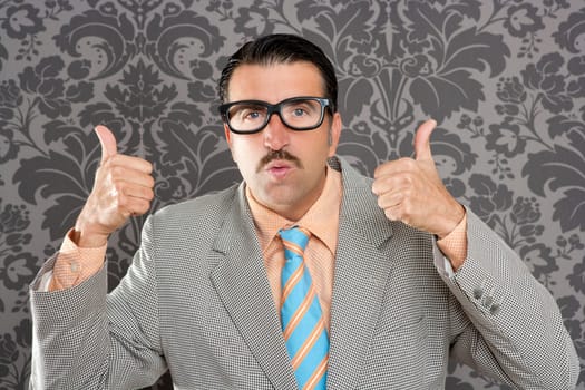 nerd businessman gesturing ok positive with hand over retro wallpaper