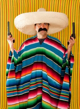 Bandit mustache Mexican gunman with revolver  sombreroand  poncho