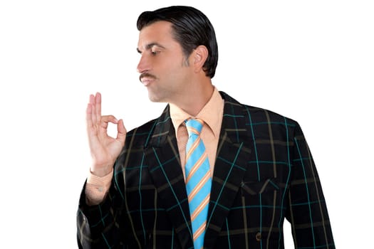 salesman occupation mustache man profile view with tacky suit and ok gesture in hand