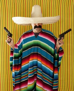 Bandit Mexican revolver mustache gunman sombrero poncho serape