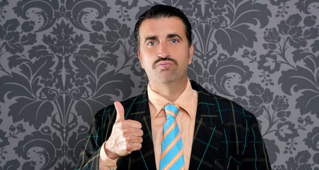 nerd businessman gesturing ok positive with hand over retro wallpaper