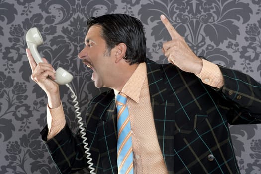 Angry nerd businessman retro telephone call shouting profile wallpaper