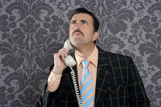 Nerd scared expression businessman telephone call mustache retro