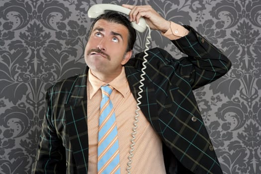 Nerd scared expression businessman telephone call mustache retro