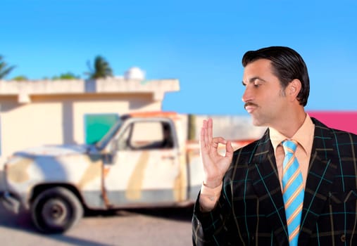 car used salesperson selling old car as brand new  typical topic salesman with hand ok gesture