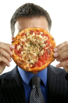 businessman and pizza junk fast food, studio white background