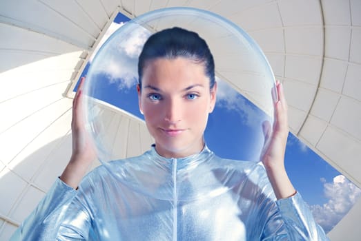 astronaut beautiful future woman in astronomical observatory