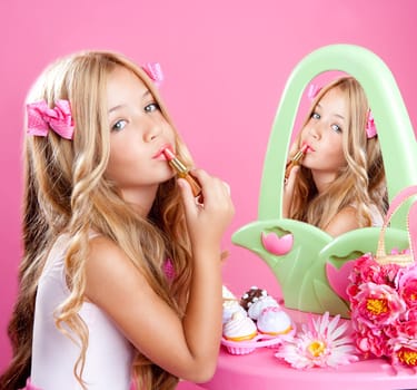 fashion little doll girl in pink vanity mirror with lipstick