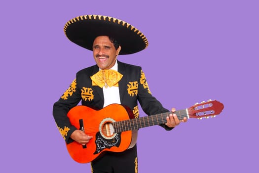 Charro Mariachi singing playing guitar on purple background