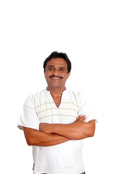 Mexican man with mayan shirt smiling isolated on white