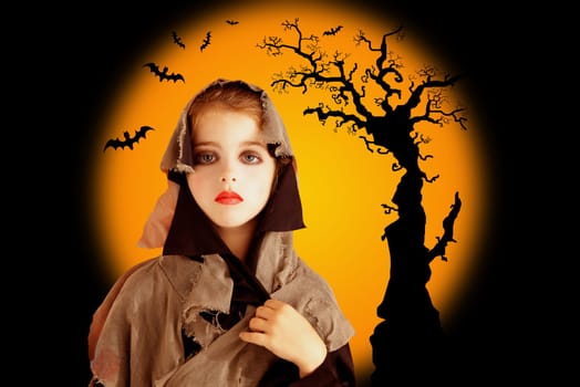 Halloween chil girl with grunge dress on orange backround