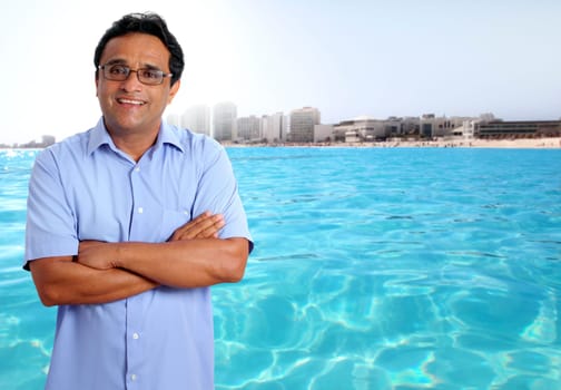Indian latin tourist man in tropical caribbean turquoise beach